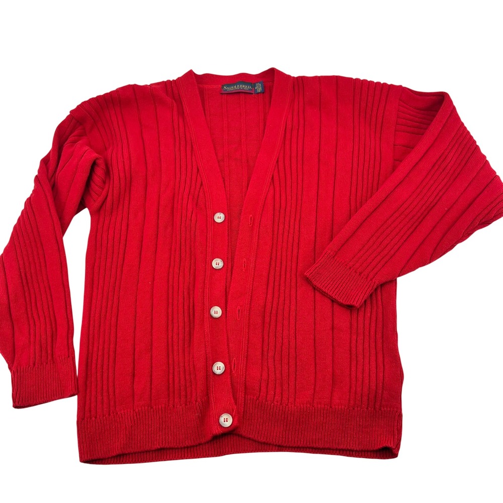 Saddlebred Mens XL Red Ribbed‎ Cotton V-Neck Button Front Cardigan Sweater USA